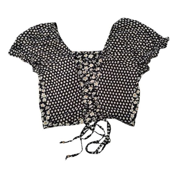 Angie Black Floral Lace Up Back Boho Cropped Top Medium - Picture 9 of 10